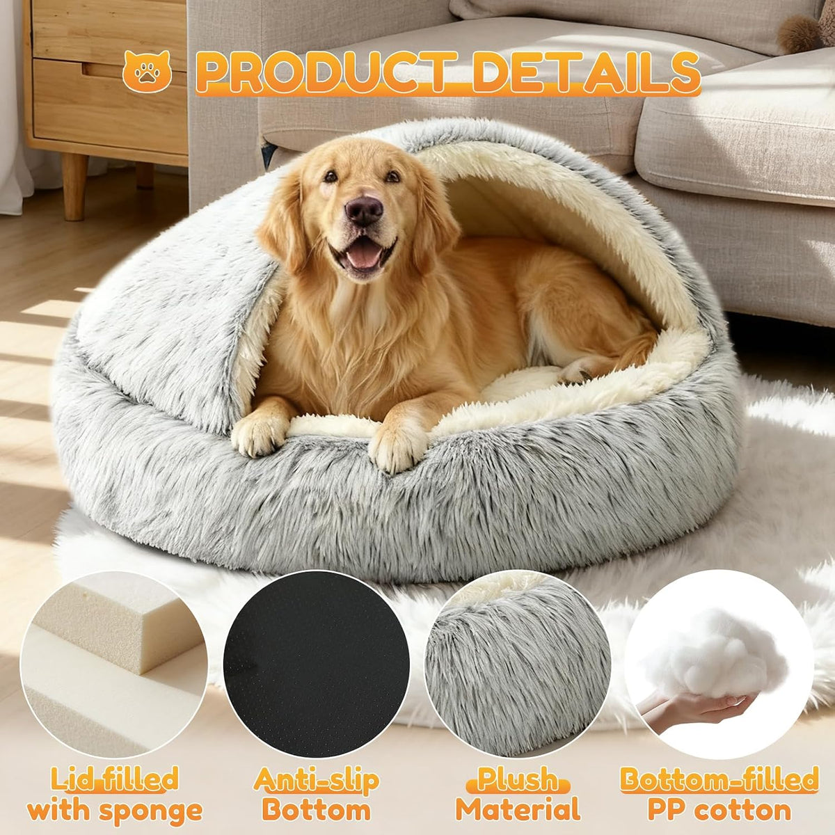 Large Dog Bed 80CM, Hood with Supports—Fluffy Calming Pet Bed Suitable for Pets under 20Kg with Machine Washable, Luxury Super Soft Pet Cave Bed Washable