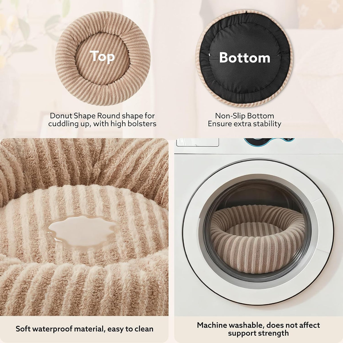Donut Dog Bed Large-Round Dog Cat Bed with Waterproof Cover, Plush Doughnut Dog Bed with 20CM High Side for 40Lbs Golden Retriever, 76X76X20Cm（Brown）