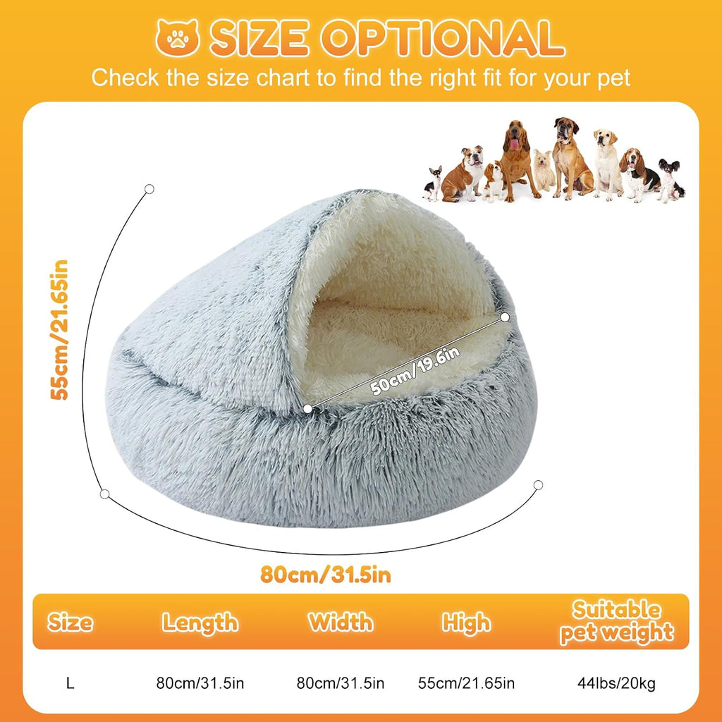 Large Dog Bed 80CM, Hood with Supports—Fluffy Calming Pet Bed Suitable for Pets under 20Kg with Machine Washable, Luxury Super Soft Pet Cave Bed Washable