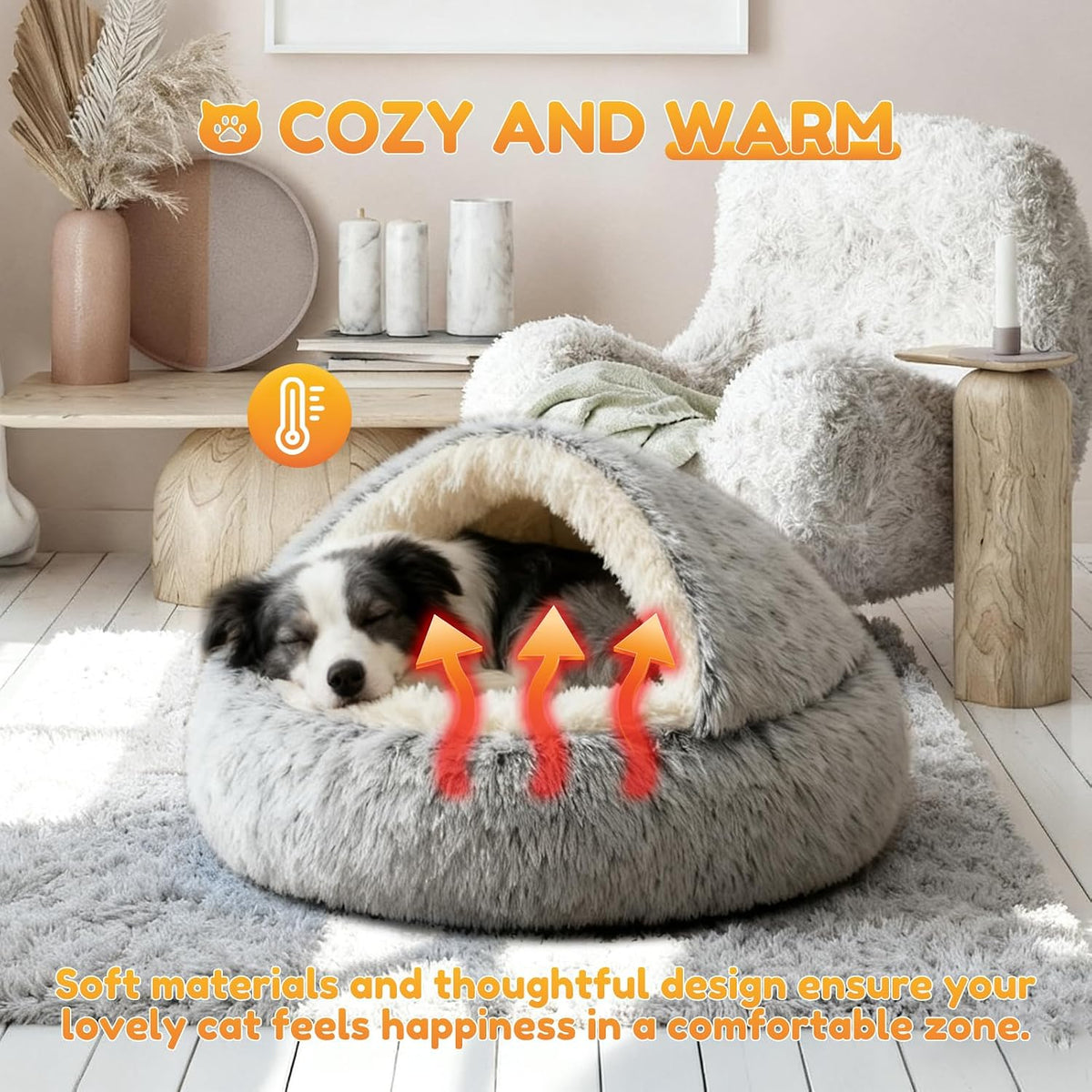 Large Dog Bed 80CM, Hood with Supports—Fluffy Calming Pet Bed Suitable for Pets under 20Kg with Machine Washable, Luxury Super Soft Pet Cave Bed Washable