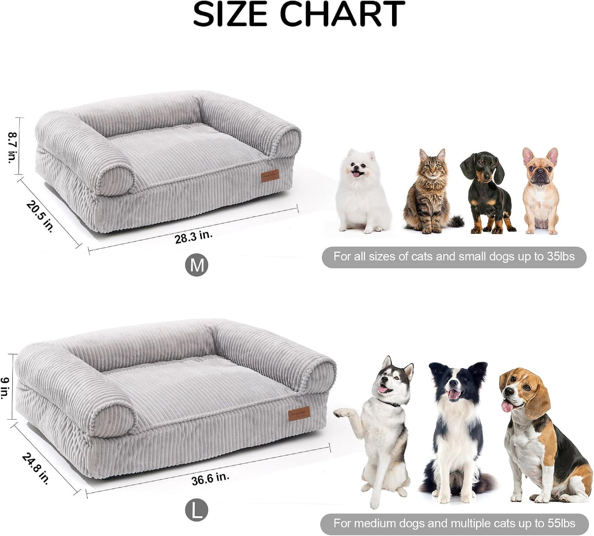 Cute Dog Bed, Fluffy Dogs Couch with TPU Layer Keeping Lining Dry, Pet Sofa Medium Size Dog Easy to Care, Warm Cat Bed with Removable Zipper Cover, 36Inch, Large, Light Grey