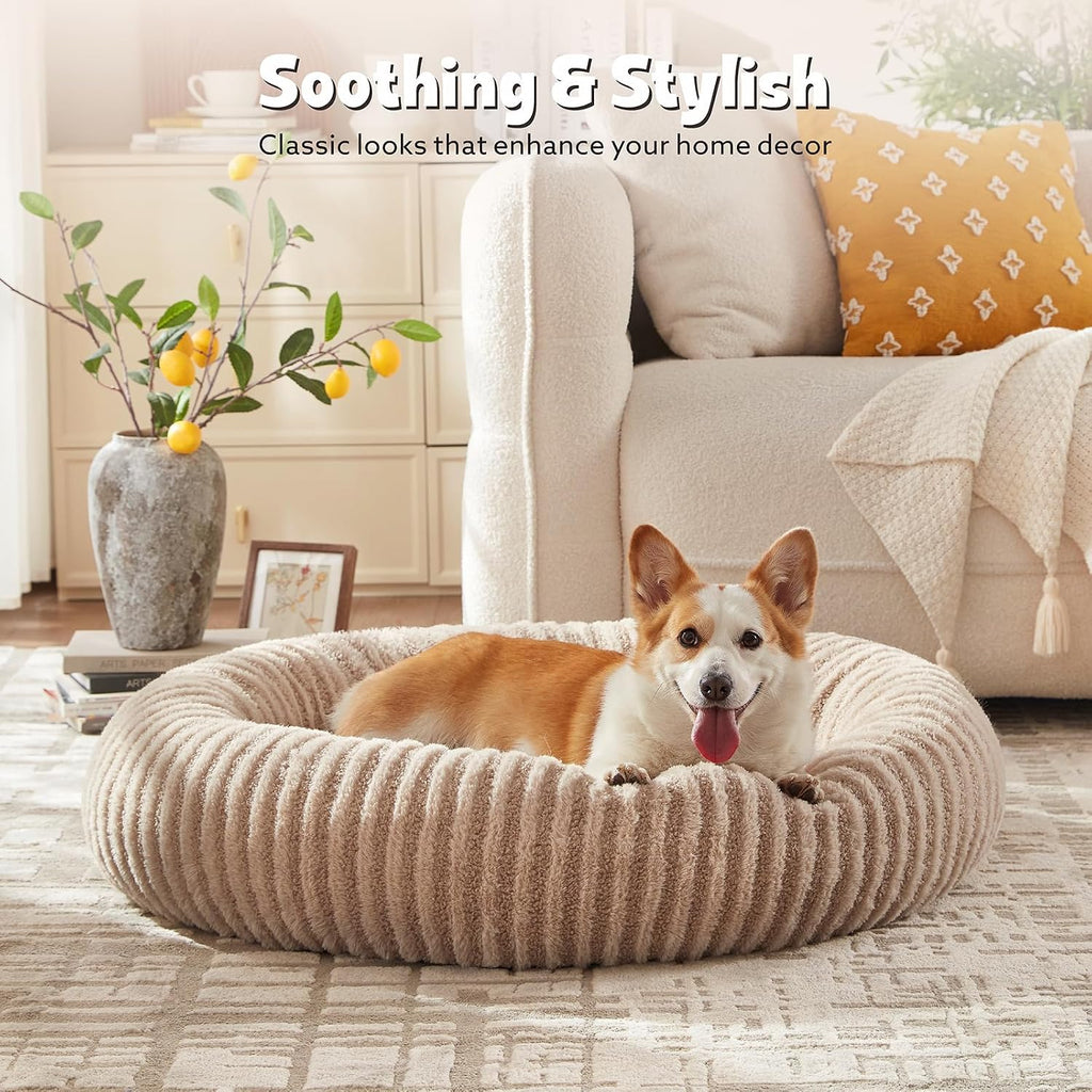Donut Dog Bed Large-Round Dog Cat Bed with Waterproof Cover, Plush Doughnut Dog Bed with 20CM High Side for 40Lbs Golden Retriever, 76X76X20Cm（Brown）