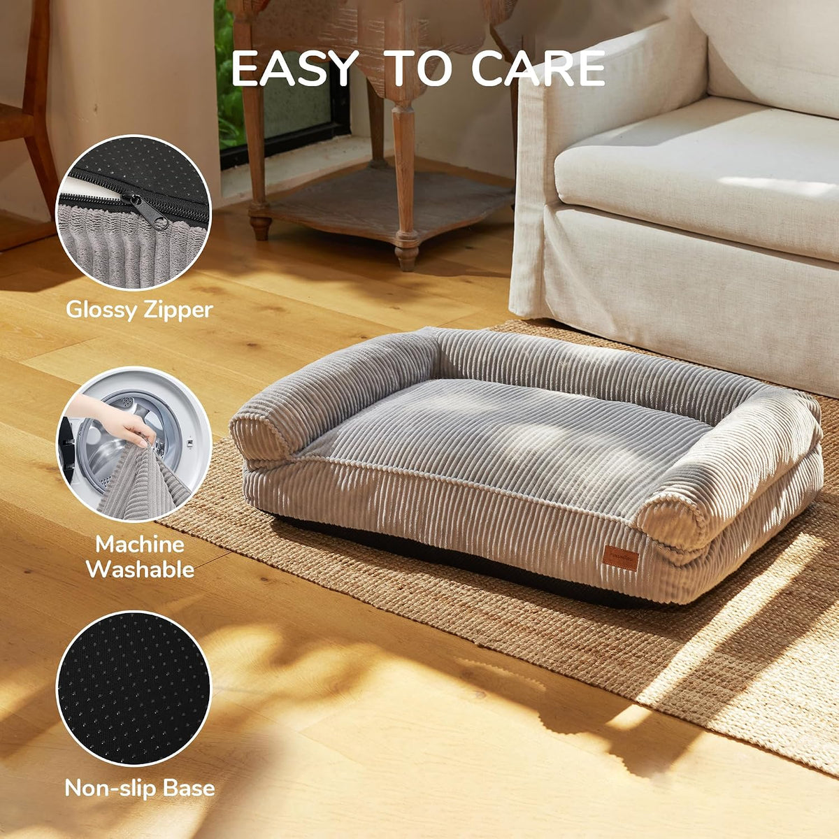 Cute Dog Bed, Fluffy Dogs Couch with TPU Layer Keeping Lining Dry, Pet Sofa Medium Size Dog Easy to Care, Warm Cat Bed with Removable Zipper Cover, 36Inch, Large, Light Grey