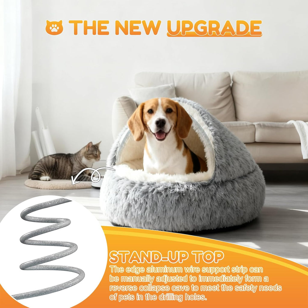 Large Dog Bed 80CM, Hood with Supports—Fluffy Calming Pet Bed Suitable for Pets under 20Kg with Machine Washable, Luxury Super Soft Pet Cave Bed Washable