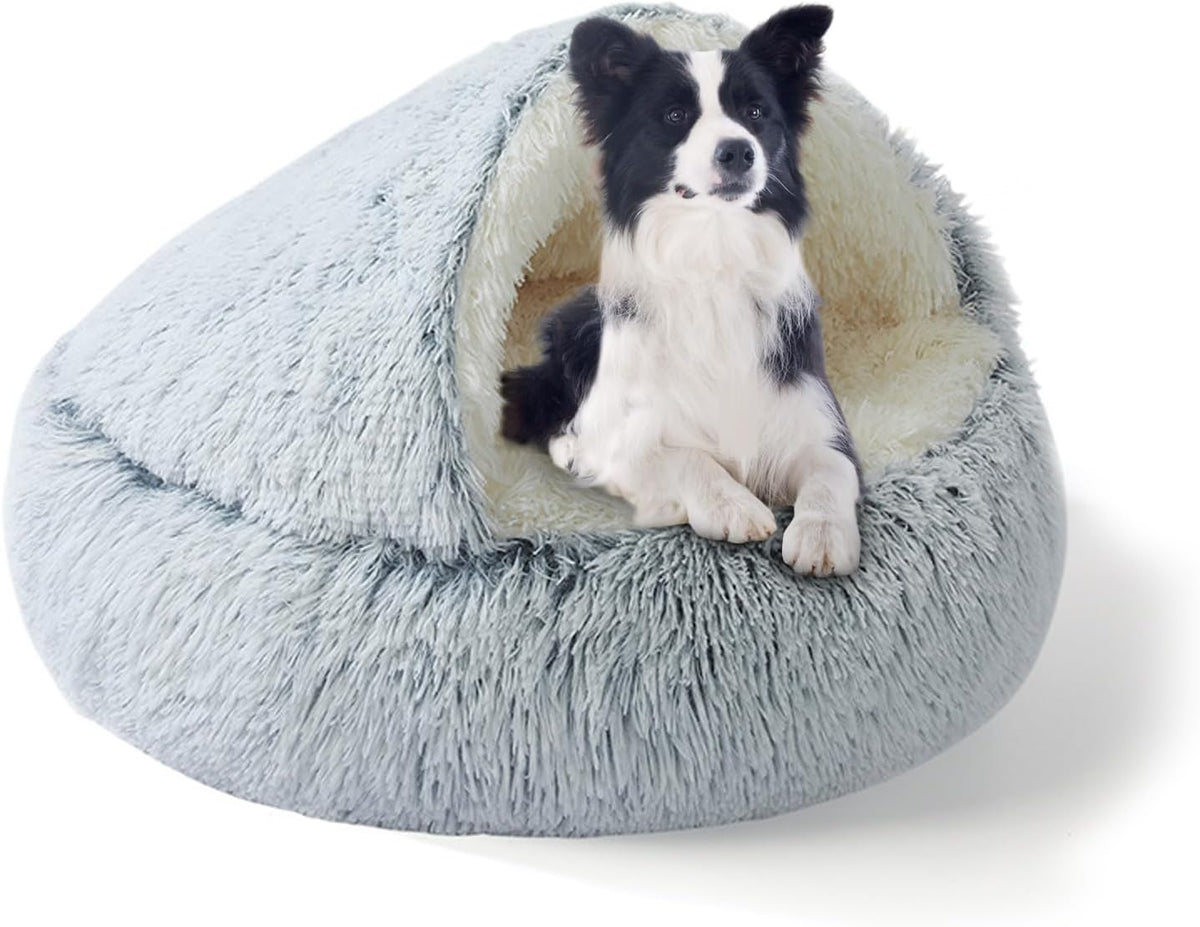 Large Dog Bed 80CM, Hood with Supports—Fluffy Calming Pet Bed Suitable for Pets under 20Kg with Machine Washable, Luxury Super Soft Pet Cave Bed Washable