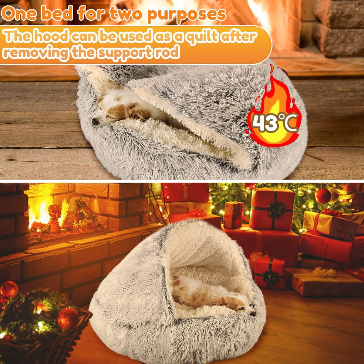 Large Dog Bed 80CM, Hood with Supports—Fluffy Calming Pet Bed Suitable for Pets under 20Kg with Machine Washable, Luxury Super Soft Pet Cave Bed Washable