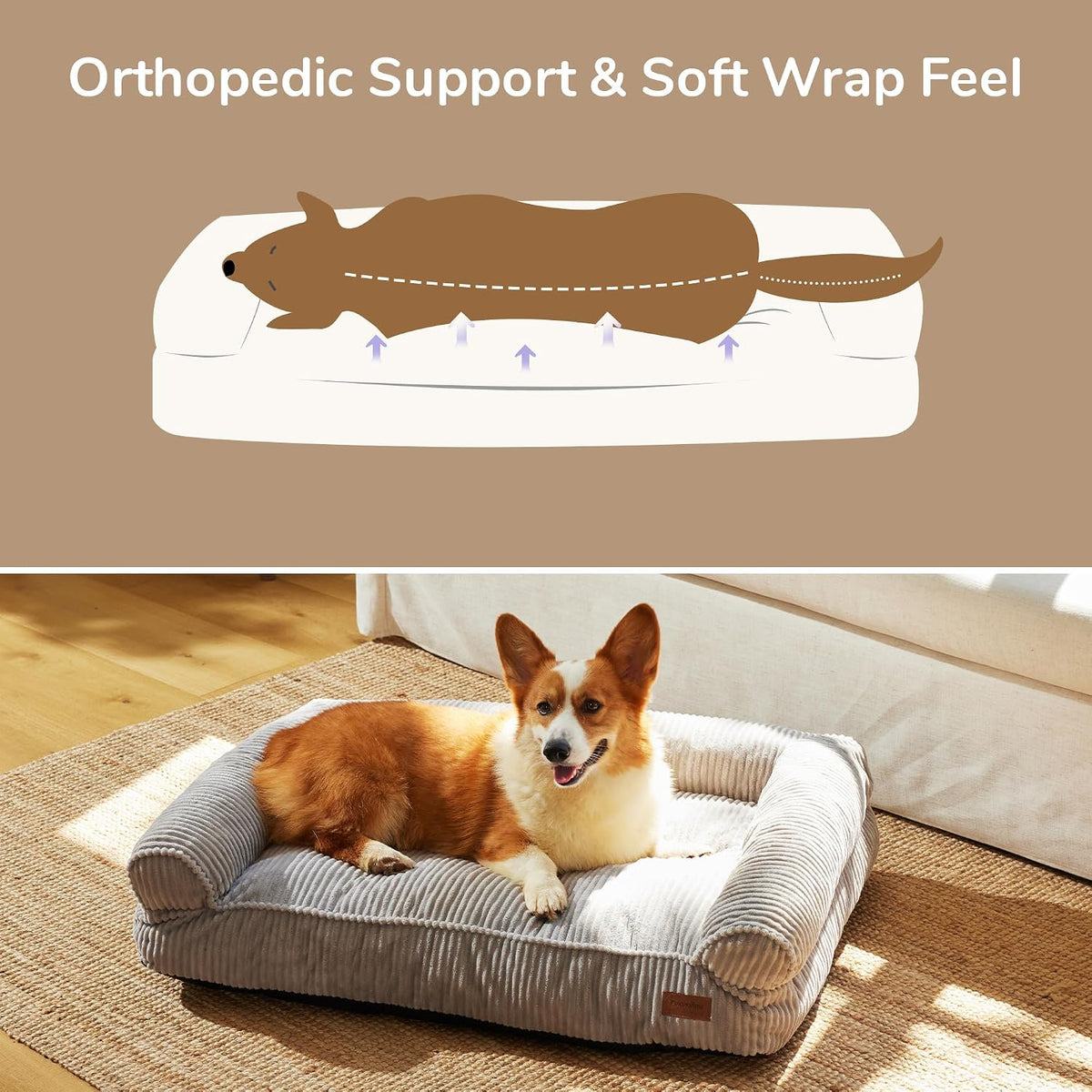 Cute Dog Bed, Fluffy Dogs Couch with TPU Layer Keeping Lining Dry, Pet Sofa Medium Size Dog Easy to Care, Warm Cat Bed with Removable Zipper Cover, 36Inch, Large, Light Grey