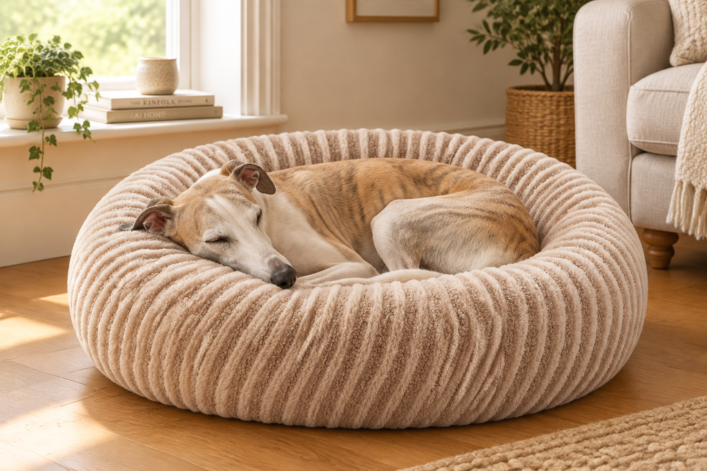 Whippet curled up in a round beige ribbed donut dog bed in a cosy living room