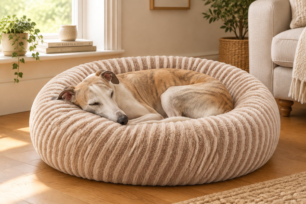 Whippet curled up in a round beige ribbed donut dog bed in a cosy living room