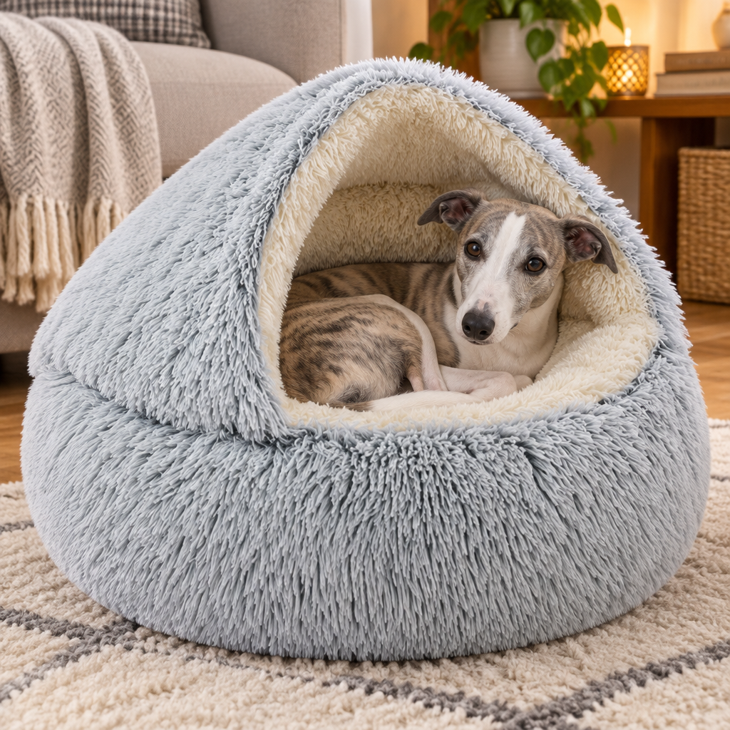 Whippet curled up inside a shaggy grey cave dog bed with cream interior