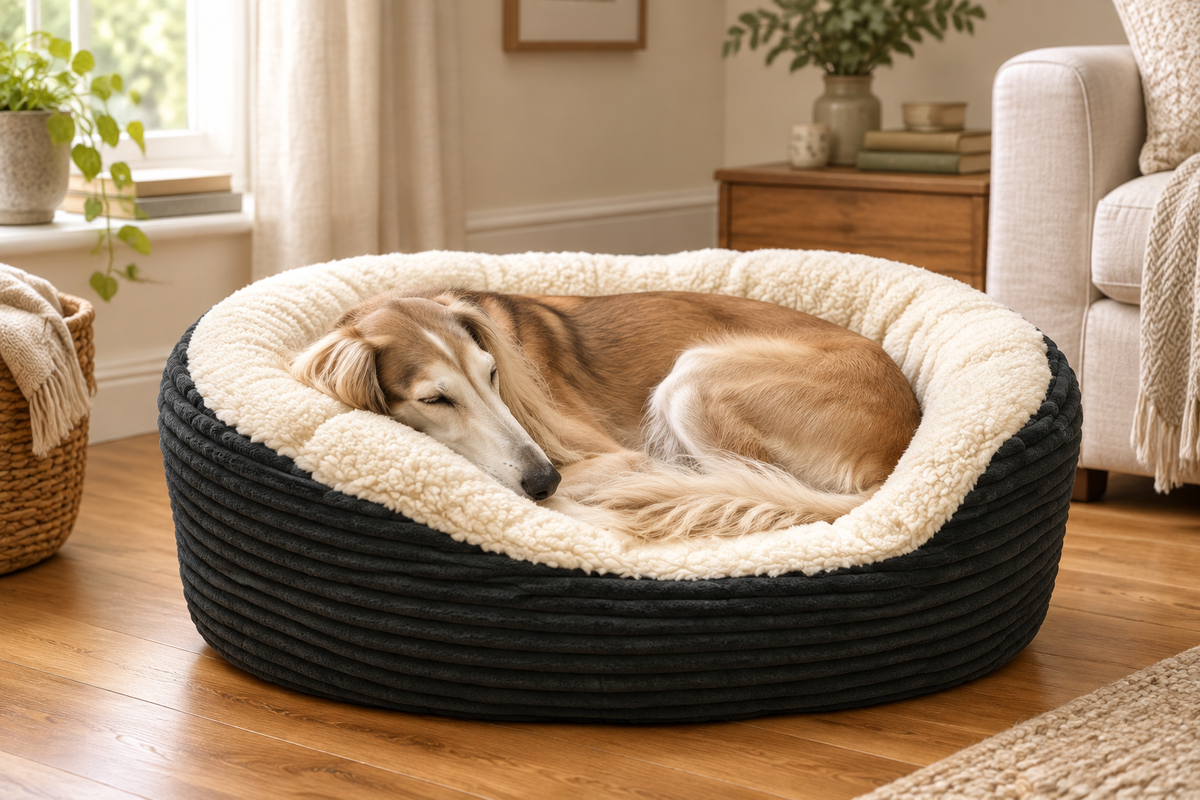 Saluki dog curled up in a charcoal and cream oval bolster dog bed in a cosy living room